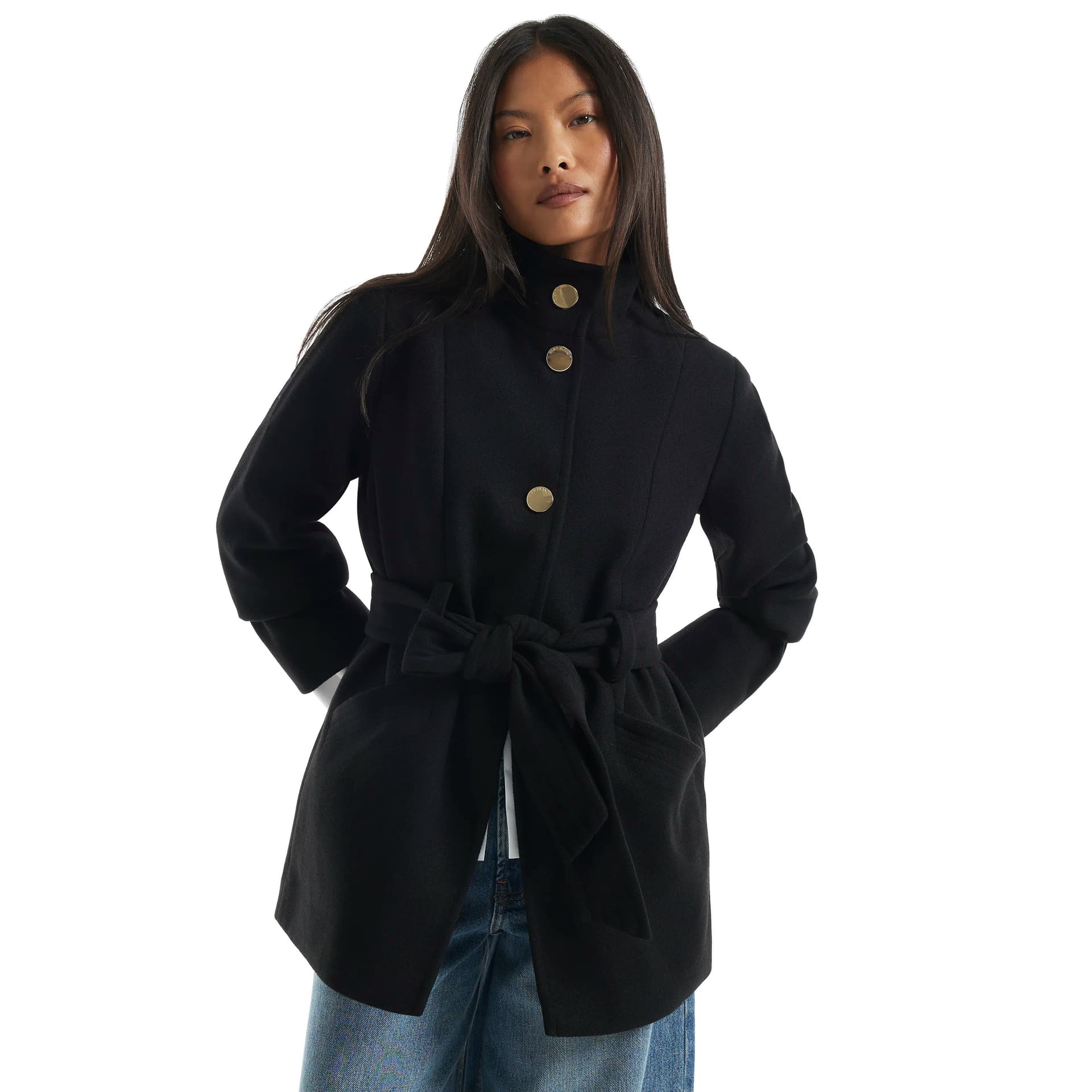 River Island River Island Womens Petite Black Belted Short Coat