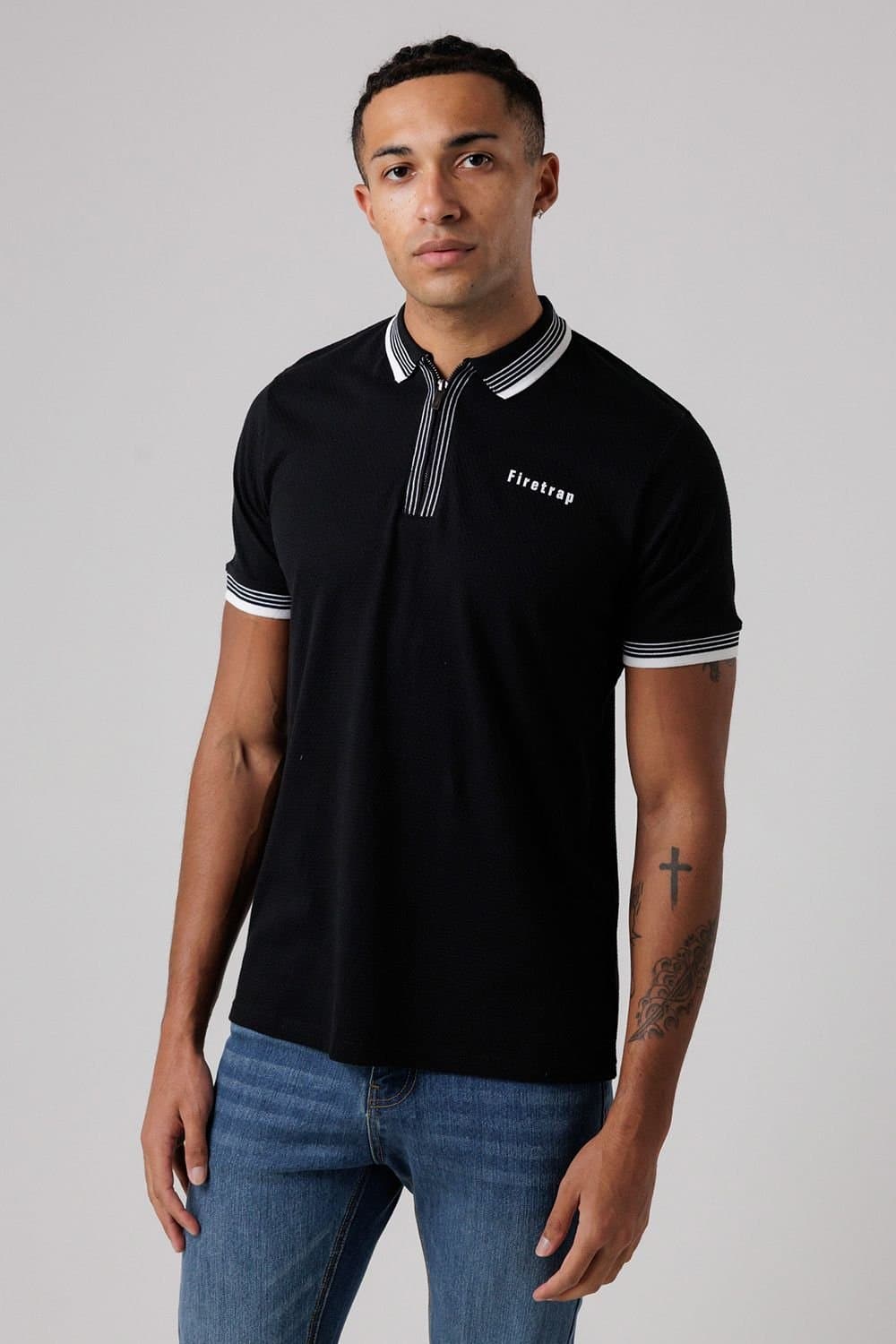 Firetrap Firetrap Men's Regular Fit Cotton Zip Polo Shirt with Gradient Stripes in Black