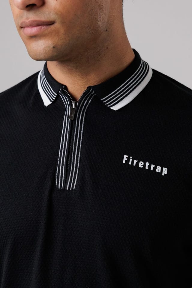 Firetrap Firetrap Men's Regular Fit Cotton Zip Polo Shirt with Gradient Stripes in Black - 3