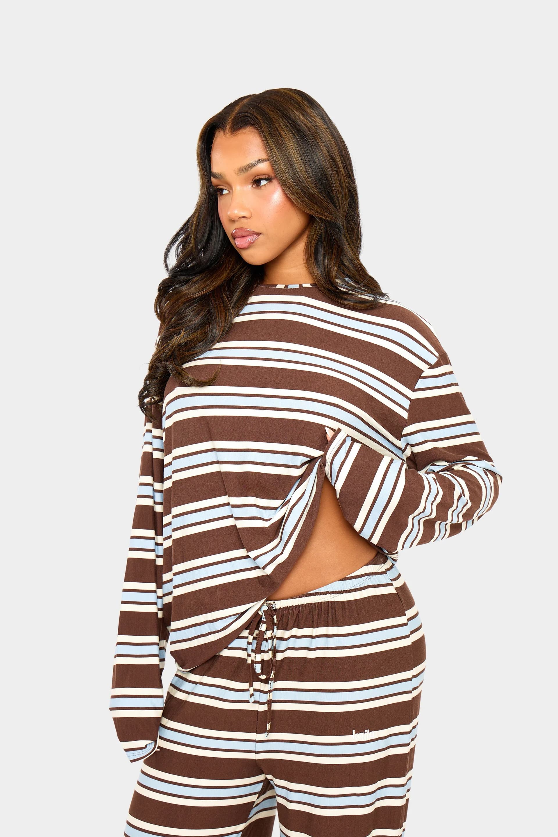 Kaiia Kaiia Striped Oversized Long Sleeve T-shirt Brown Blue & Cream