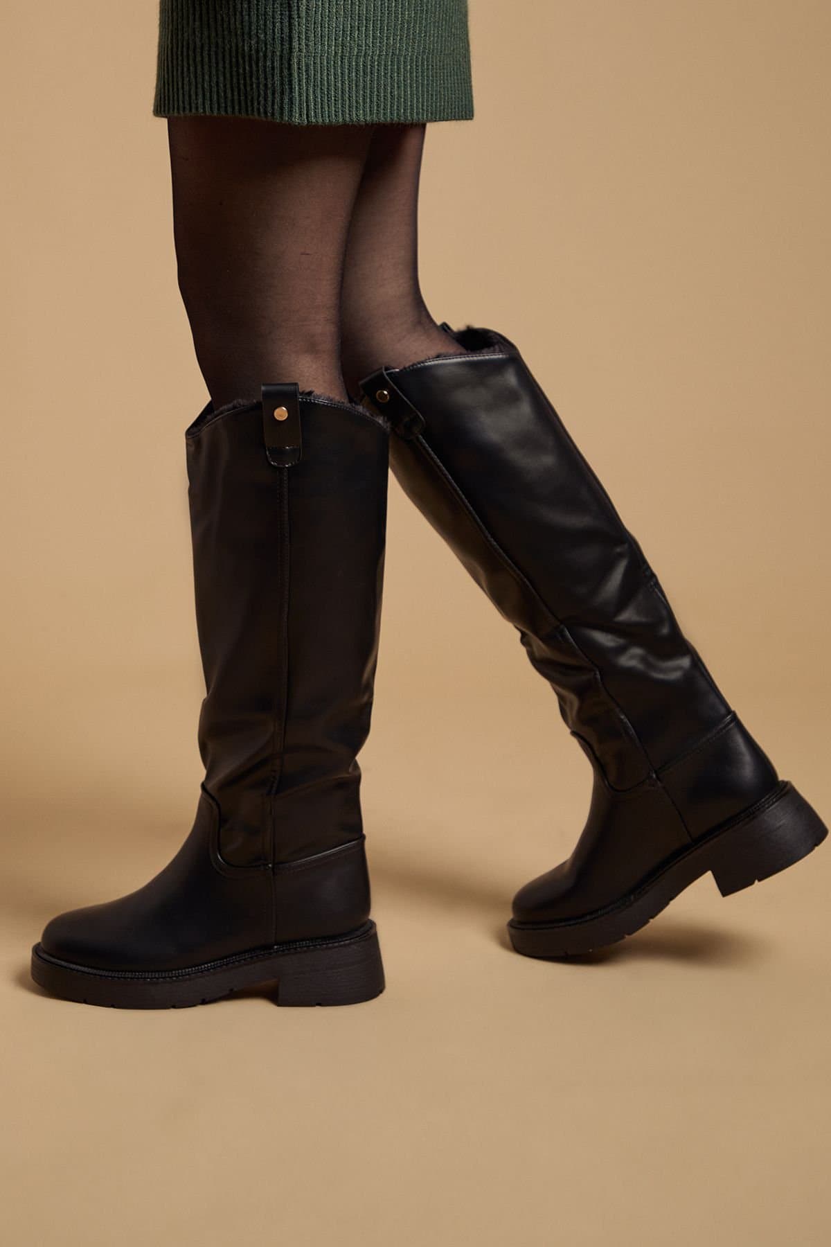 Oasis Oasis Women's Tara Faux Leather With Faux Fur Lining Chunky Knee Boots in Black