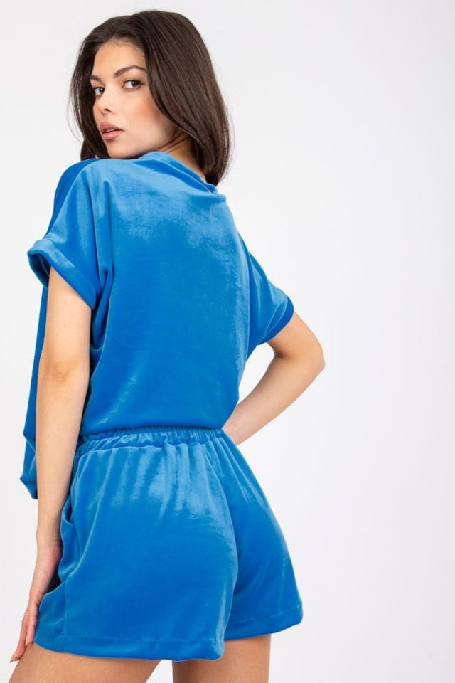 Love Lace Love Lace Women's Velour Heart Neck Blouse & Shorts Set in Blue - 3