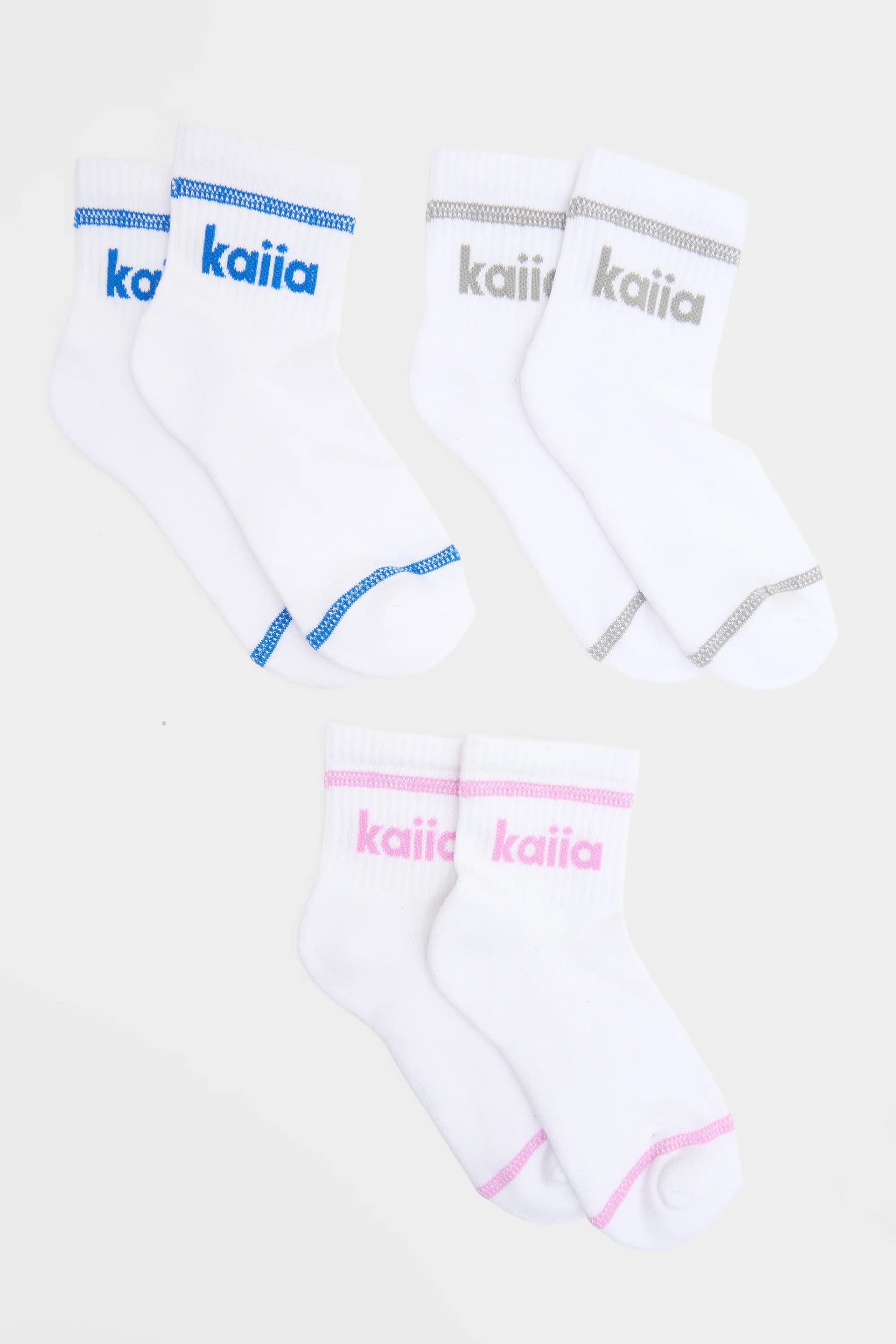 Kaiia Kaiia Pack Of Three Contrast Stitch Logo Socks Mid Grey, Cobalt & Fuchsia