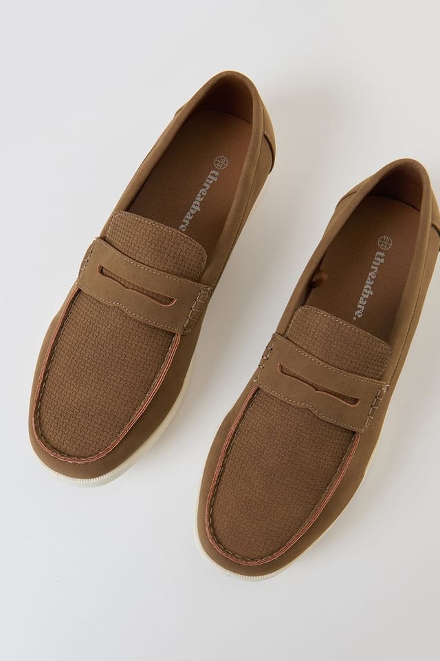 Threadbare Threadbare Men's Textured Faux Suede Penny Loafers in Taupe - 3