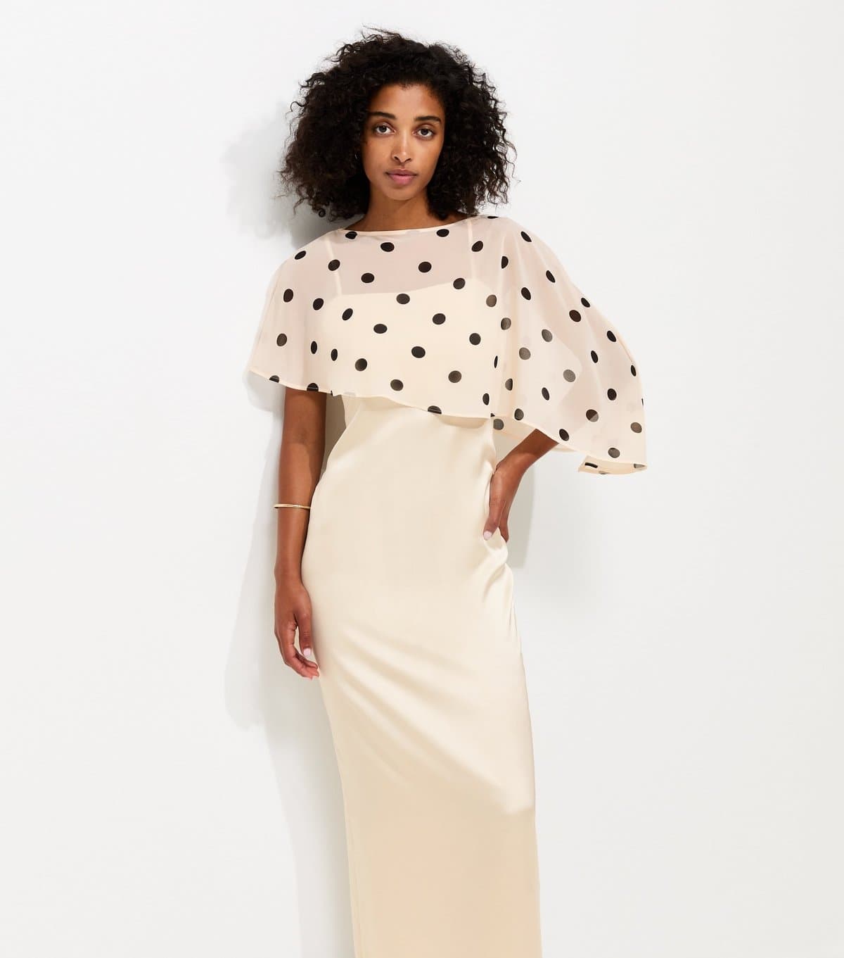 New Look Women's Cream Satin Spot Print Cape Midi Dress New Look