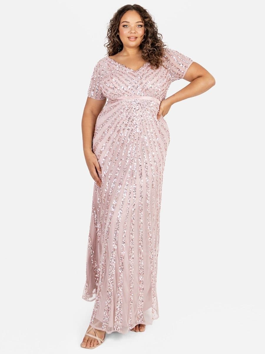 Maya Deluxe Maya Deluxe Women's Short Sleeve Stripe Embellished Maxi Dress in Light Pink