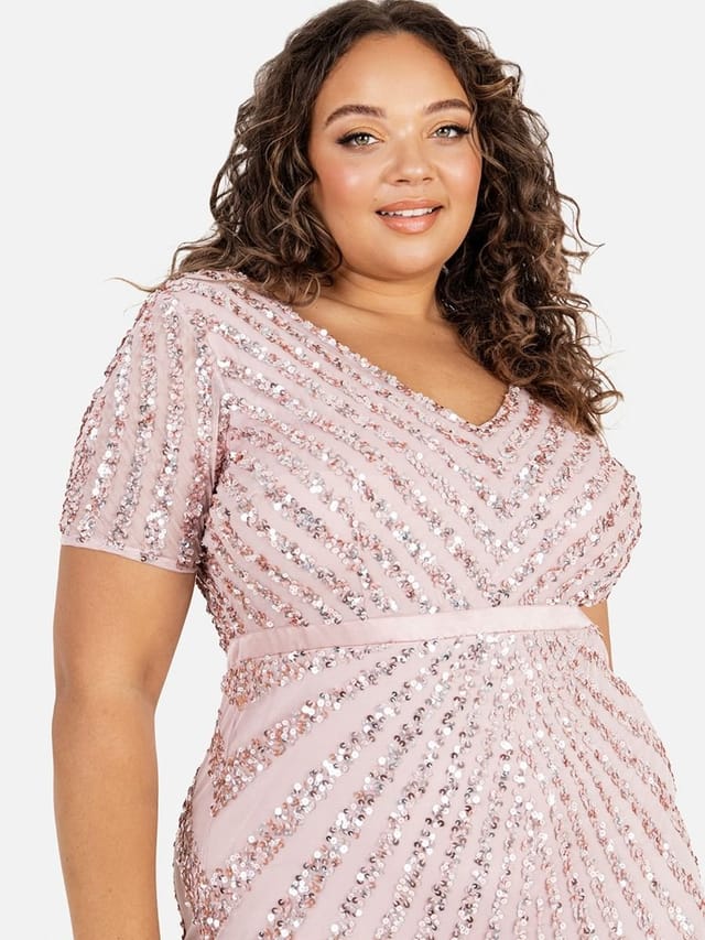 Maya Deluxe Maya Deluxe Women's Short Sleeve Stripe Embellished Maxi Dress in Light Pink - 2