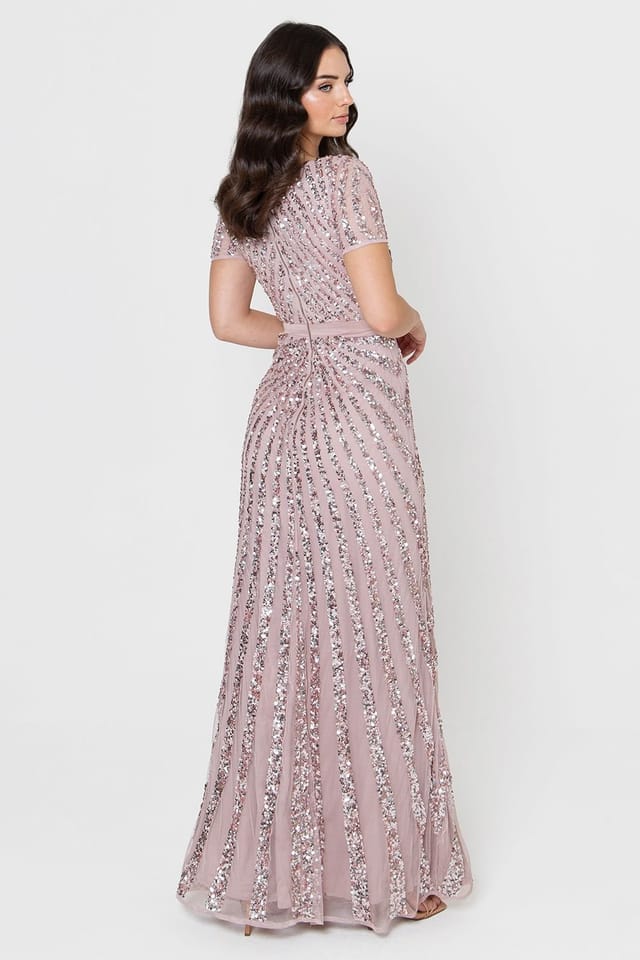 Maya Deluxe Maya Deluxe Women's Short Sleeve Stripe Embellished Maxi Dress in Light Pink - 3