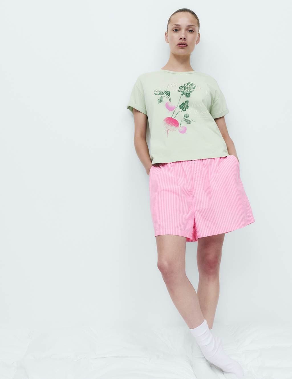 Marks & Spencer M&S Pure Cotton Striped Pyjama Shorts Medium Rose