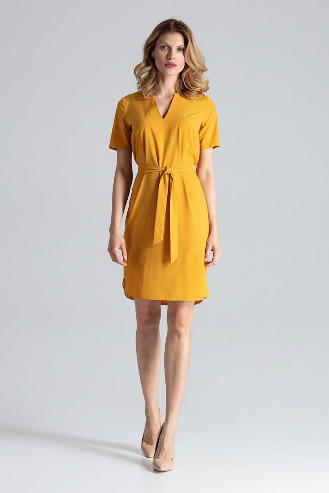 Love Lace Love Lace Women's Day Dress Below Knee Tie Waist Serek Neck in Yellow