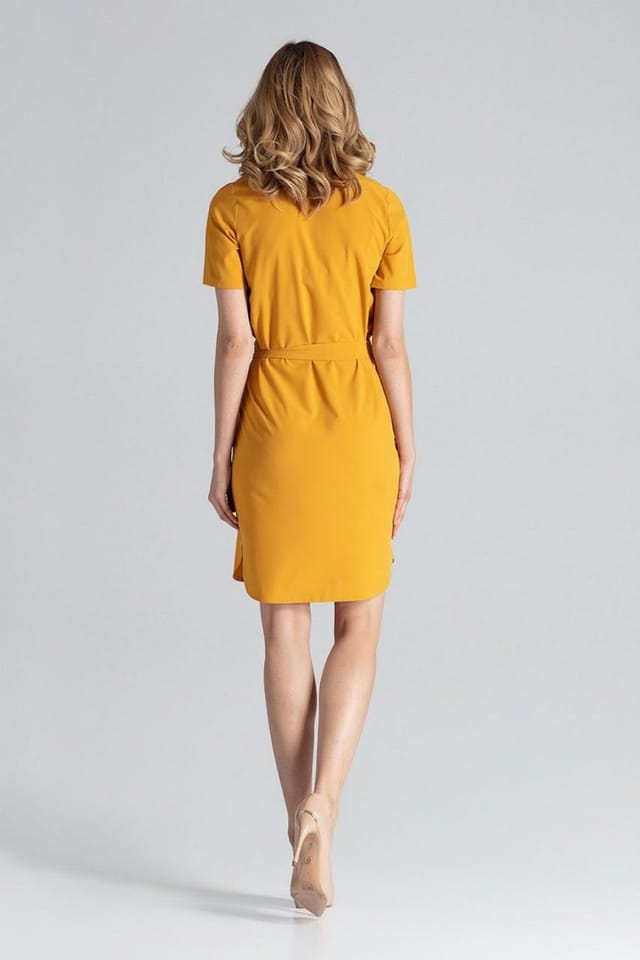 Love Lace Love Lace Women's Day Dress Below Knee Tie Waist Serek Neck in Yellow - 2
