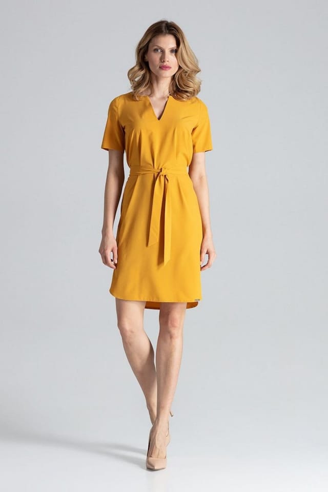 Love Lace Love Lace Women's Day Dress Below Knee Tie Waist Serek Neck in Yellow - 3
