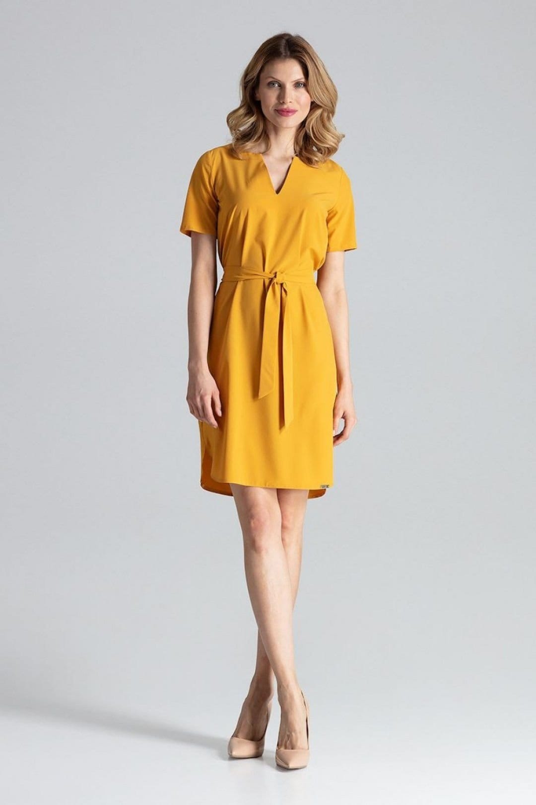Love Lace Love Lace Women's Day Dress Below Knee Tie Waist Serek Neck in Yellow - 4