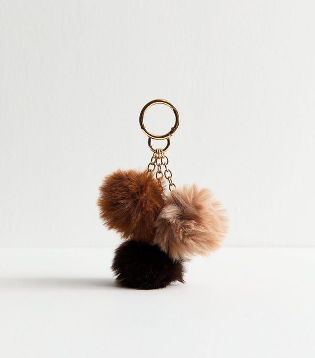 New Look Dark Brown Three Pom Fluffy Bag Charm New Look - 3