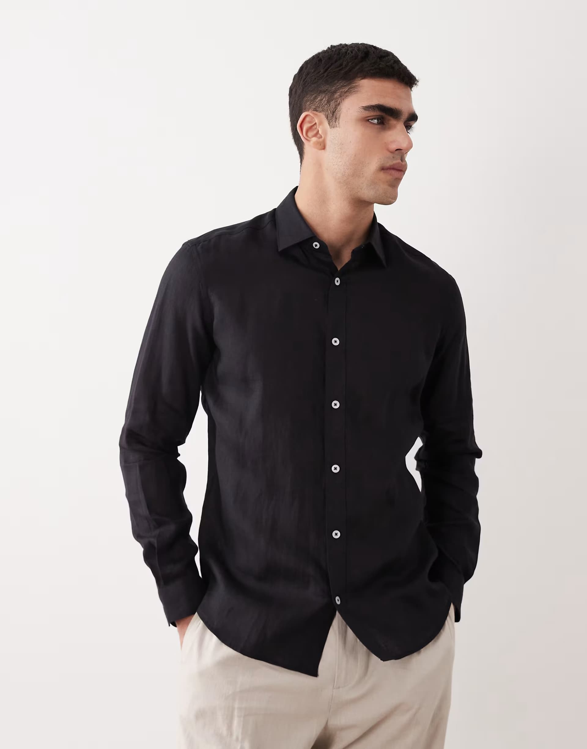 ASOS Mango 100% linen long sleeve shirt in black
