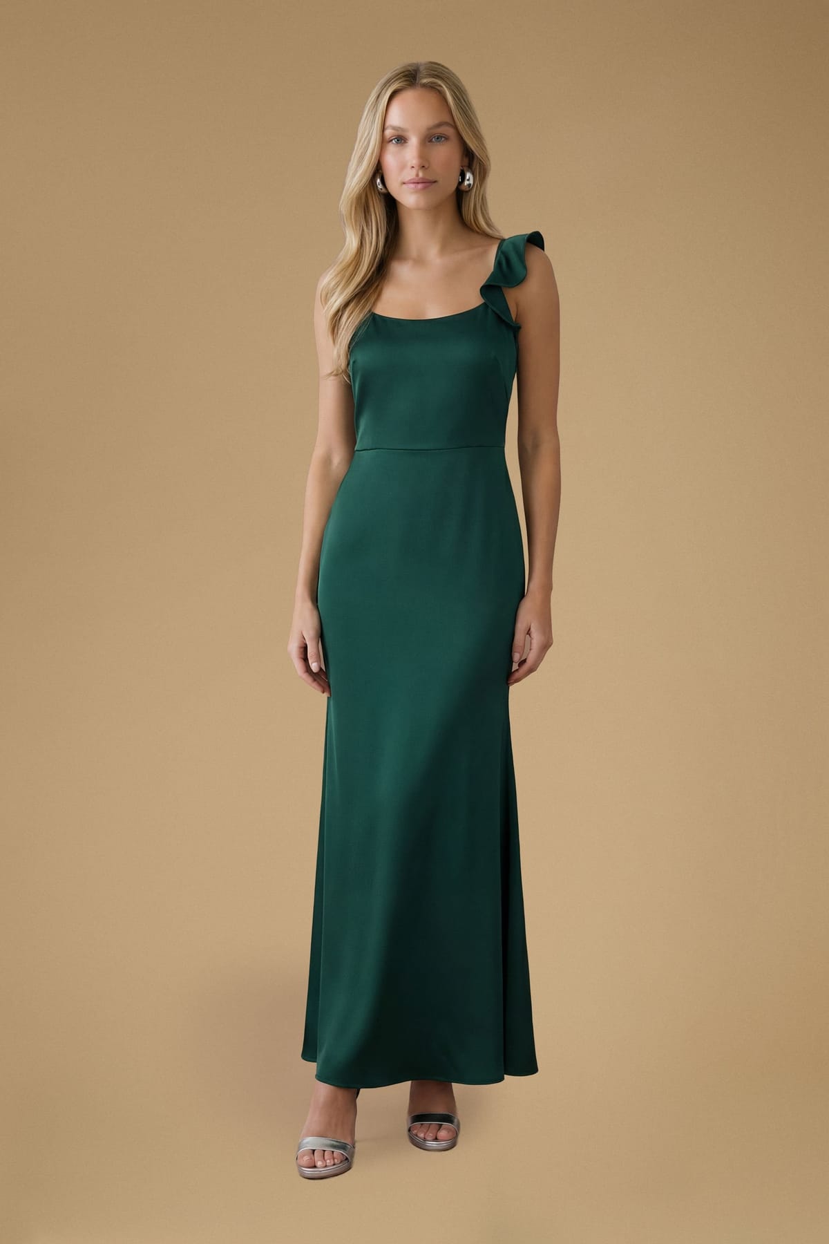 Oasis Oasis Women's Emerald Ruffle Square Neck Satin Bridesmaid Maxi Dress - 1