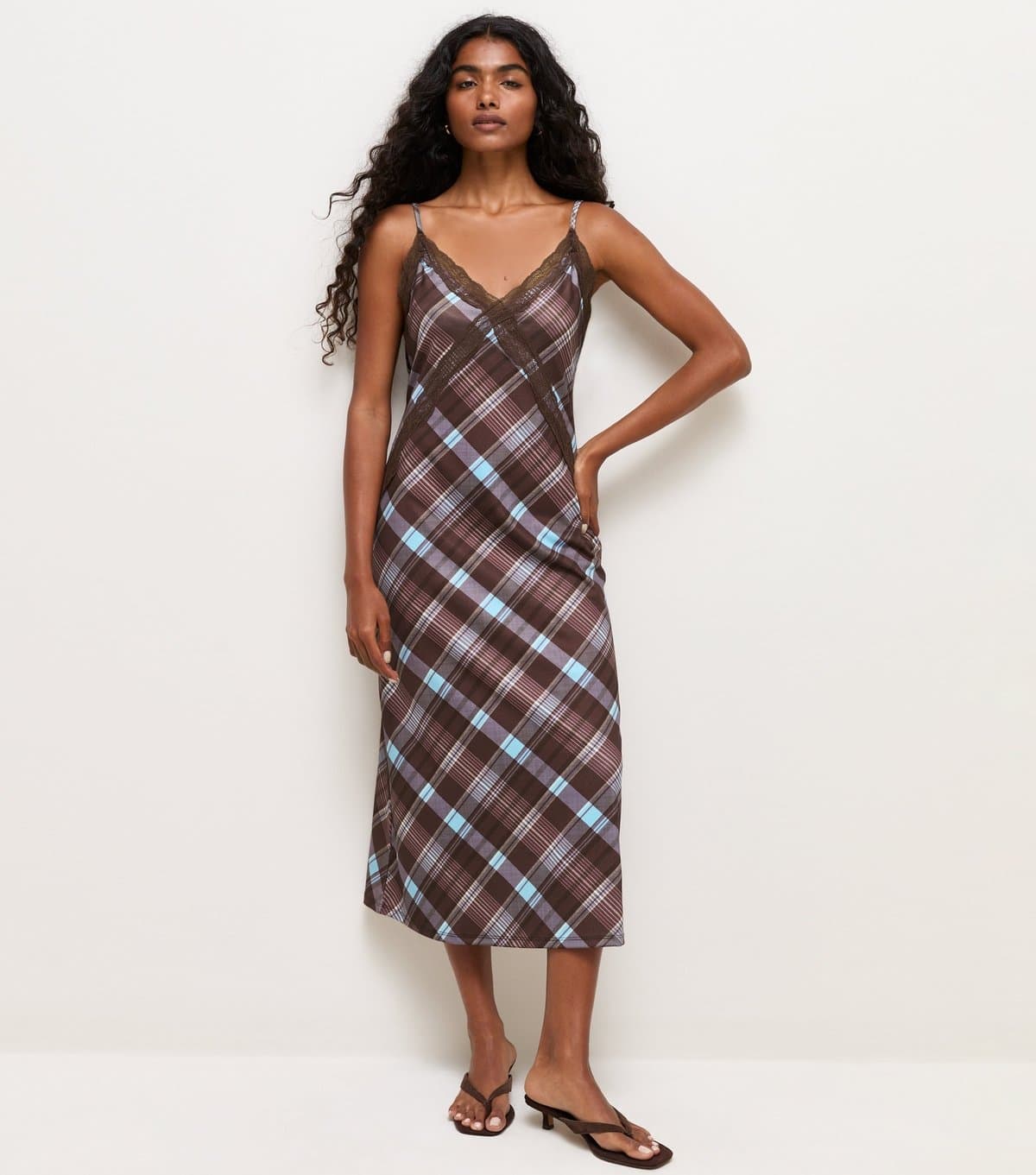 New Look Women's Blue Checked Lace Trim Strappy Midi Slip Dress New Look