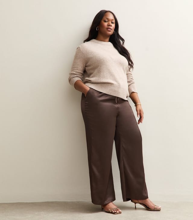 New Look Women's Plus Size Dark Brown Satin Drawstring Wide Leg Trousers Curves New Look - 3