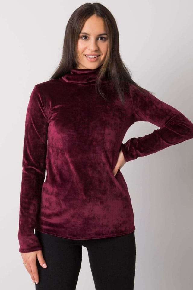 Love Lace Love Lace Women's Velour Turtleneck Straight Long Sleeve Top in Burgundy - 2