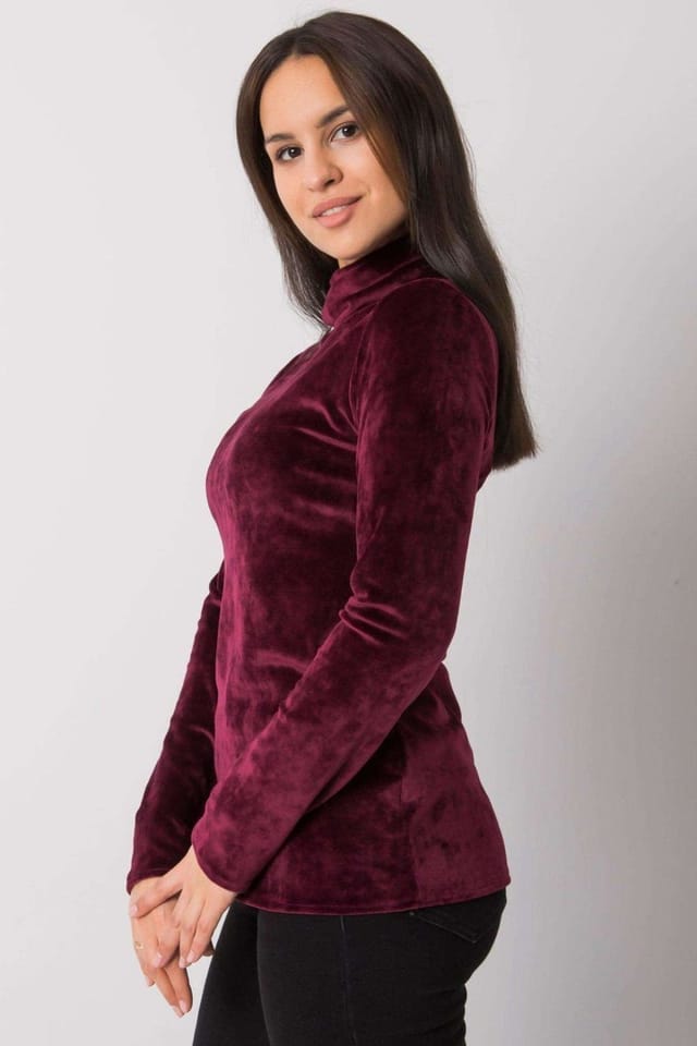 Love Lace Love Lace Women's Velour Turtleneck Straight Long Sleeve Top in Burgundy - 3