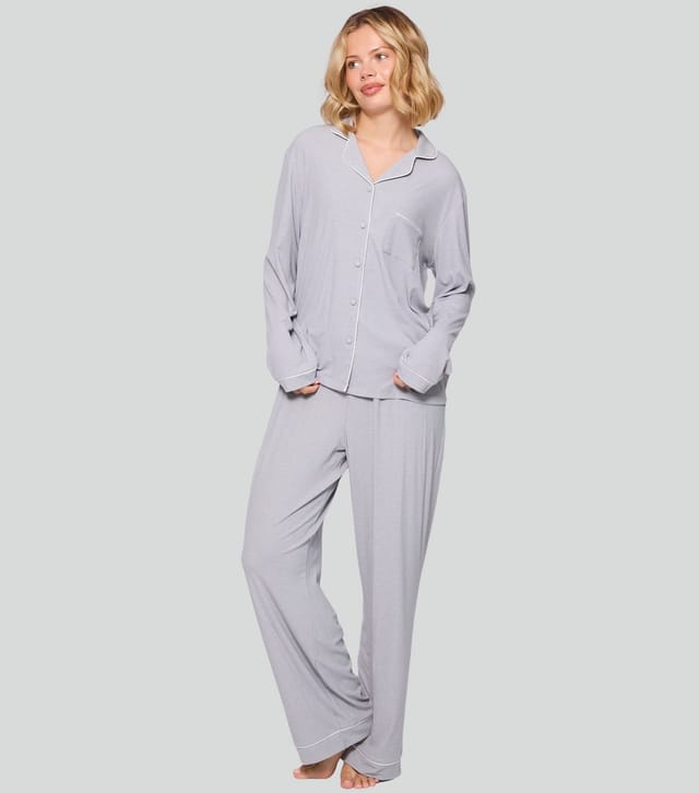 Loungeable Women's Grey Ribbed Shirt and Trousers Pyjama Set Loungeable New Look - 2