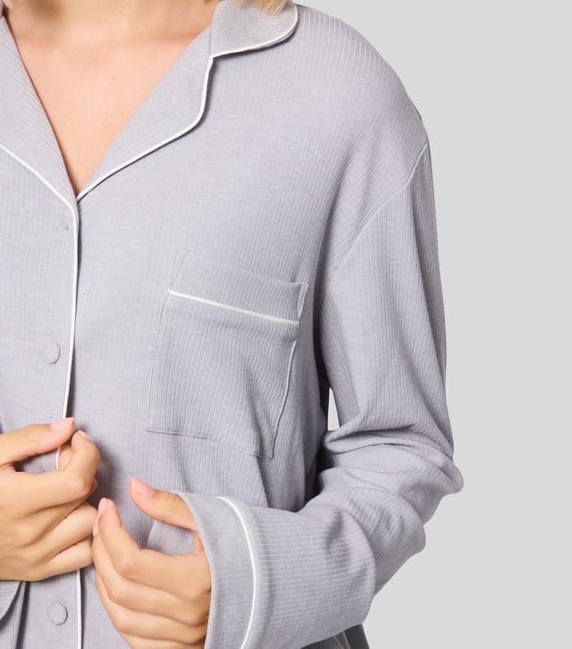 Loungeable Women's Grey Ribbed Shirt and Trousers Pyjama Set Loungeable New Look - 3