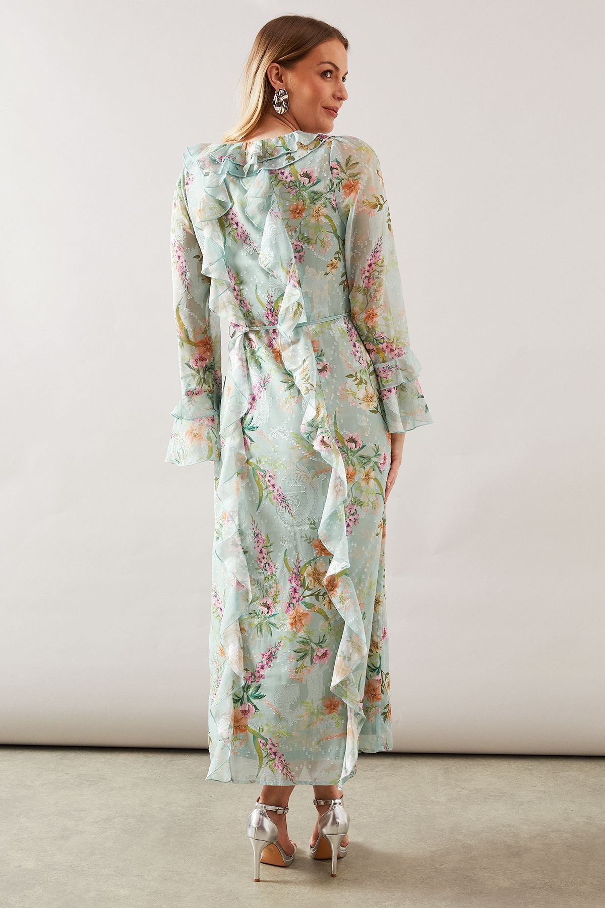 Wallis Wallis Women's Floral Ruffle Belted Midaxi Dress in Sage - 3