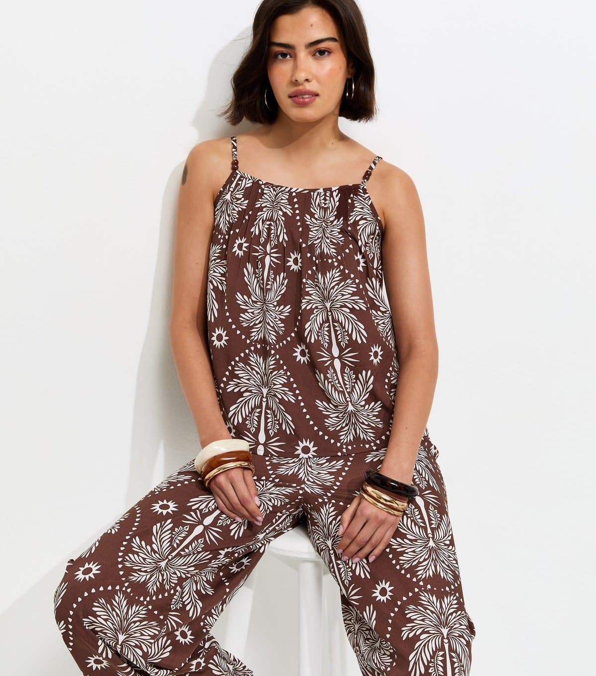 New Look Women's Brown Crepe Sun Patterened Bead Cami Strap Top New Look