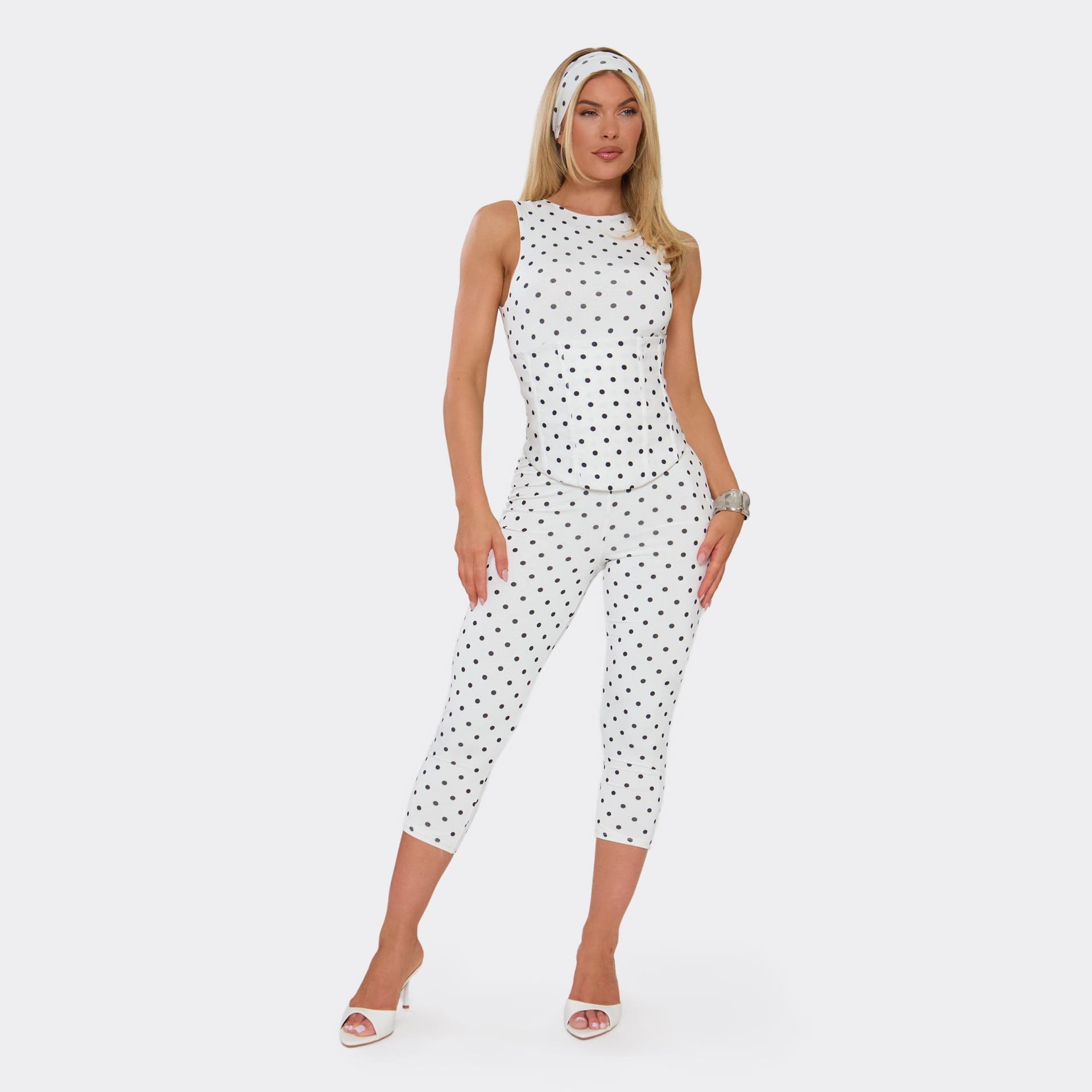 EGO Sleeveless Corset Capri Jumpsuit And Headband In White Polka Dot, Women's Size UK 6