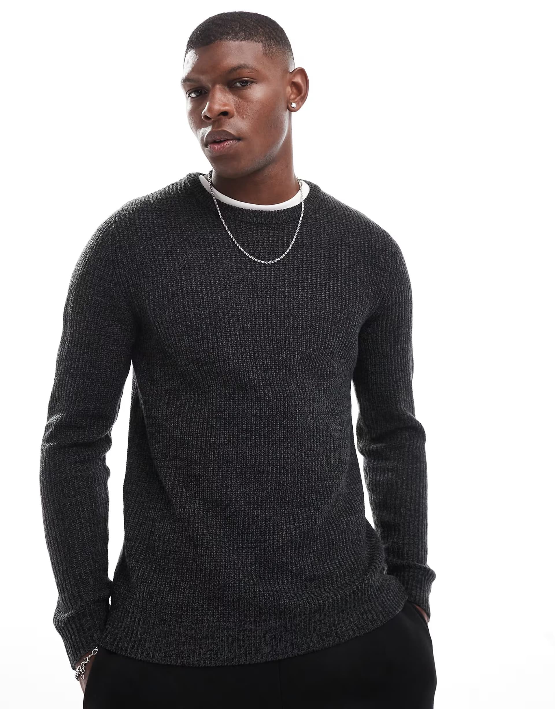 ASOS Jack & Jones oversized chunky jumper in dark grey mixed yarn