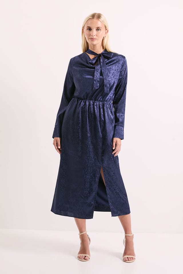 Principles Principles Women's Navy Cowl Tie Neck Satin Jacquard Midi Dress - 2