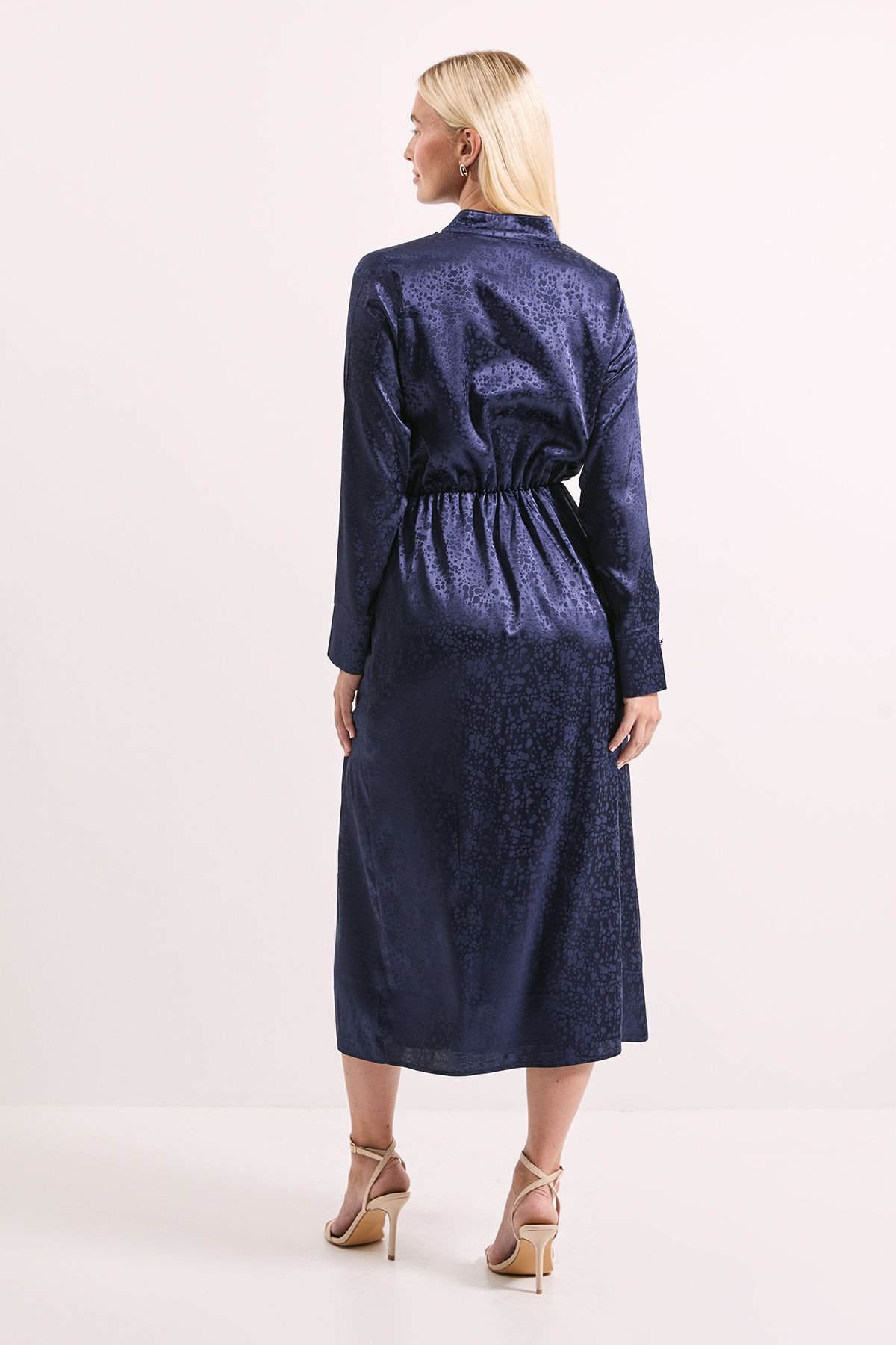 Principles Principles Women's Navy Cowl Tie Neck Satin Jacquard Midi Dress - 3