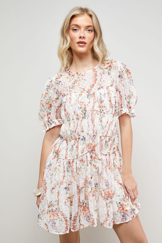 Oasis Oasis Women's Printed Dobby Shirred Bodice Mini Dress in Ivory - 2