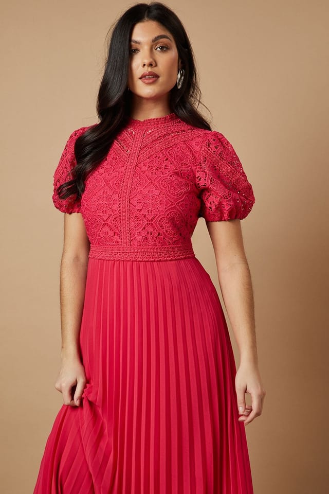 Oasis Oasis Women's Lace Puff Sleeve Pleated Midi Dress in Hot Pink - 2