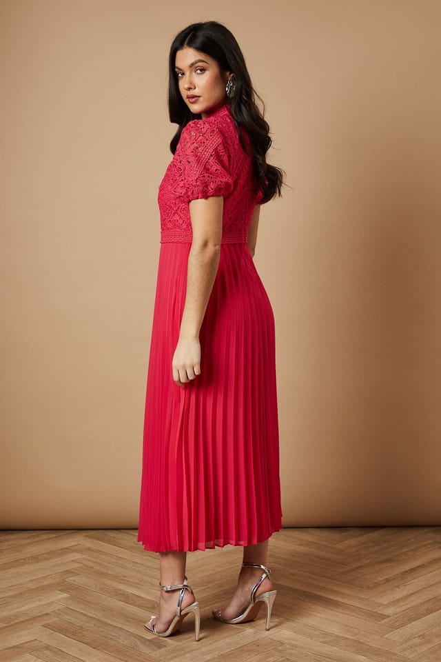Oasis Oasis Women's Lace Puff Sleeve Pleated Midi Dress in Hot Pink - 3