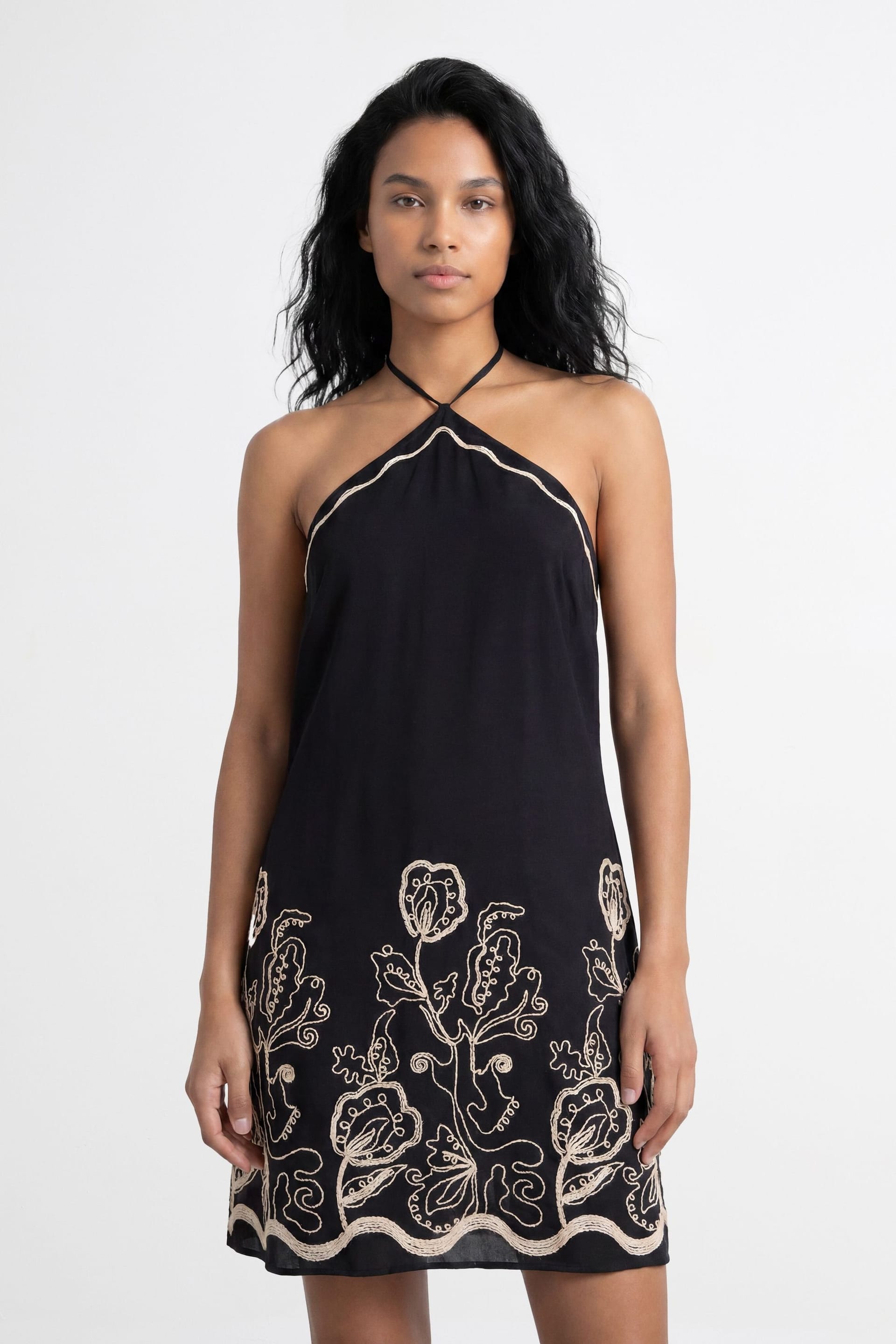 Warehouse Warehouse Women's Halter Embroidered Mini Dress in Black - 4
