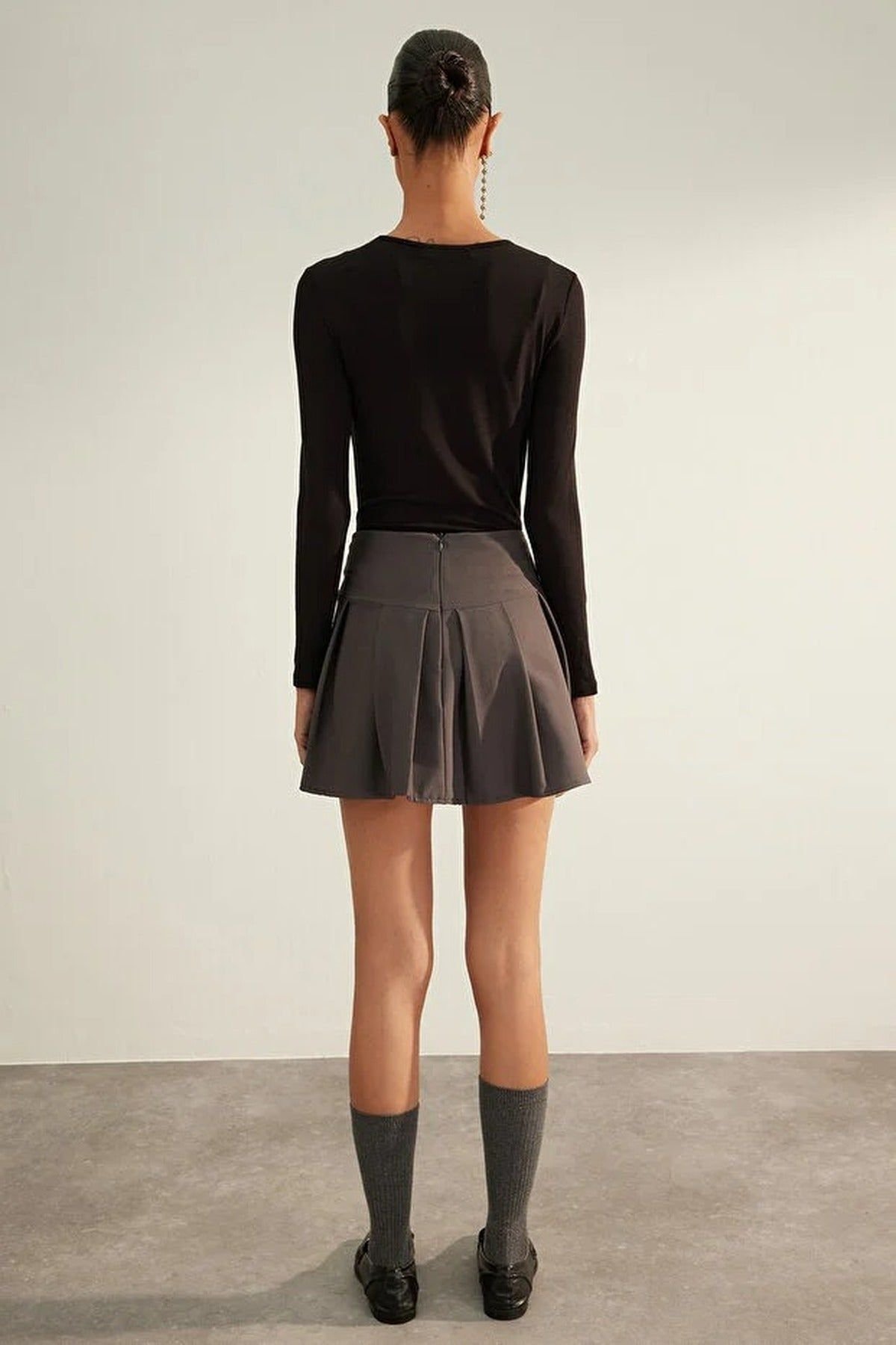 WOVCOR WOVCOR Women's Premium Pleated Mini Woven Skirt with Structured Waistband in Dark Grey - 3