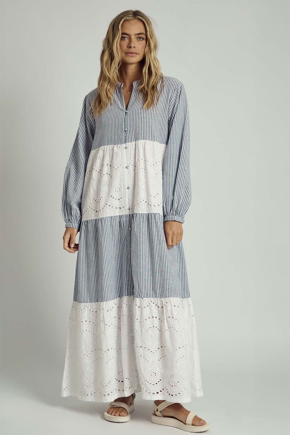 Native Youth Native Youth Women's Cotton Striped Long Sleeve Maxi Smock Dress in Blue