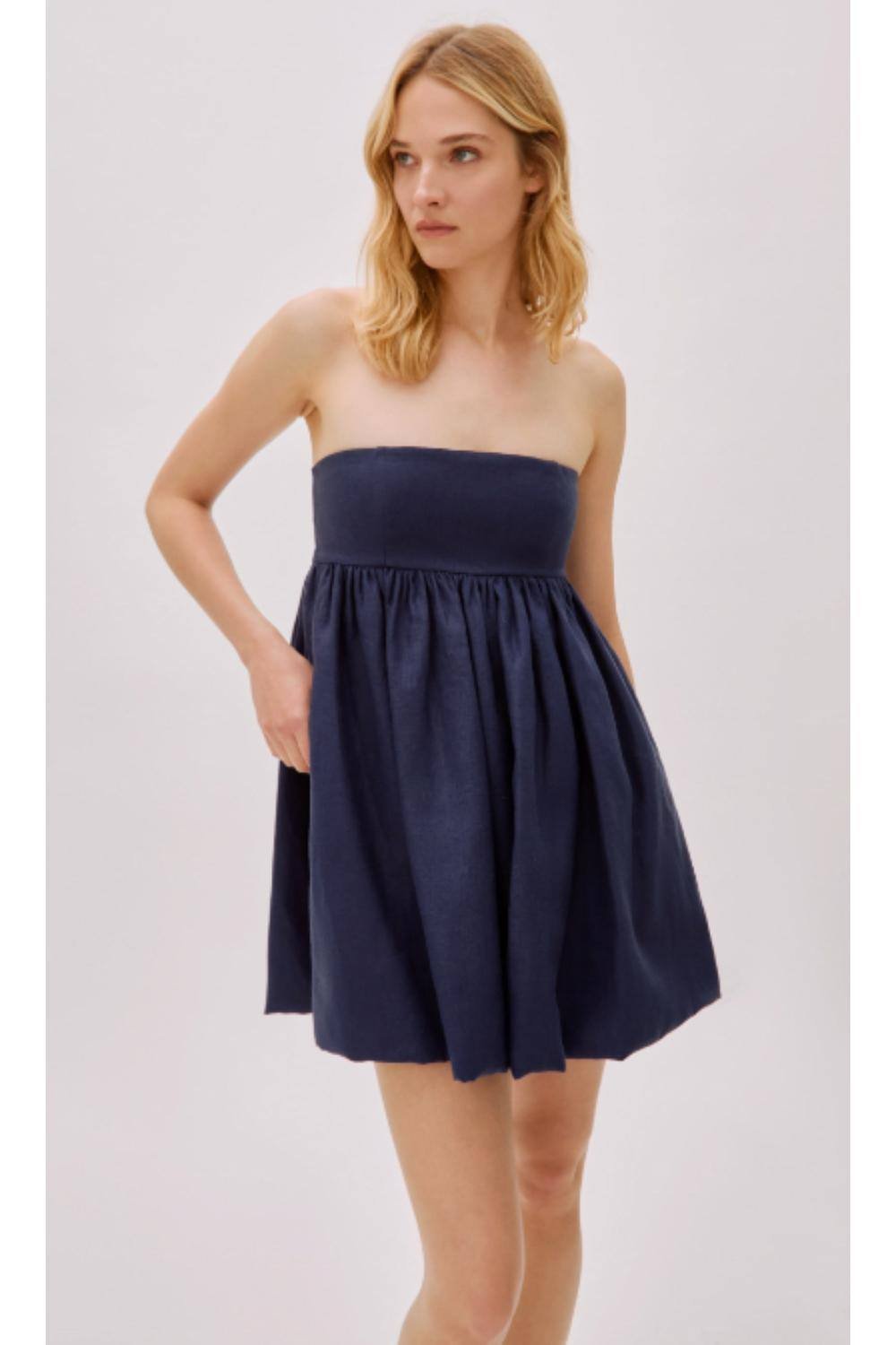 Labeca Labeca Women's Mykonos Linen Strapless Mini Dress in Dark Blue - 3