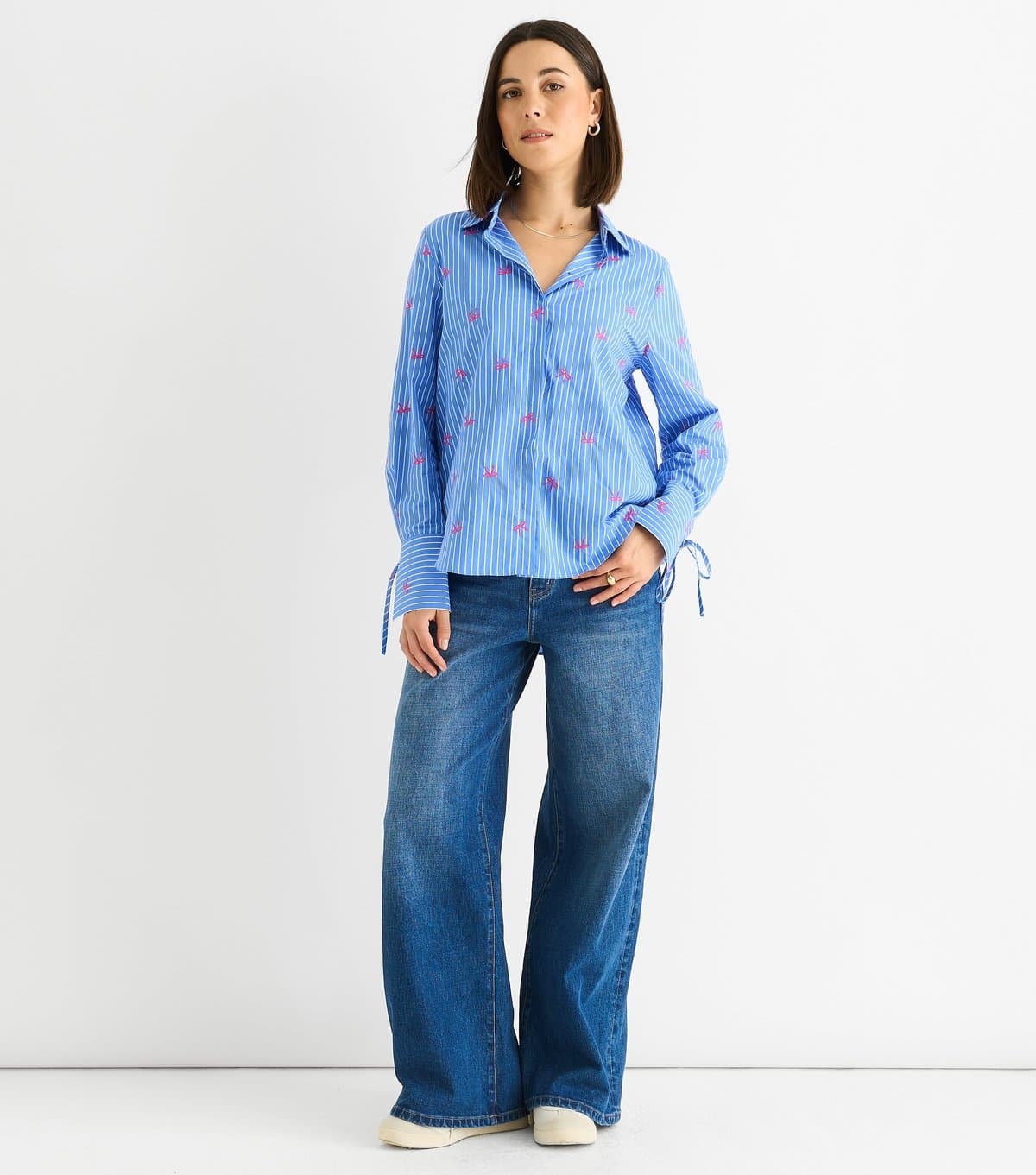 Gini London Women's Blue Striped Bow Embroidered Shirt Gini London New Look