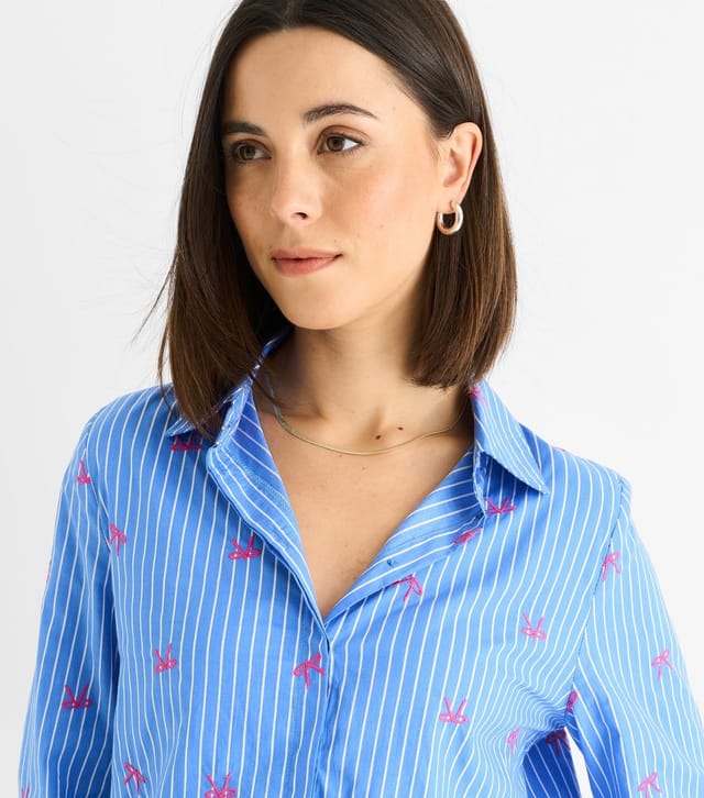 Gini London Women's Blue Striped Bow Embroidered Shirt Gini London New Look - 2