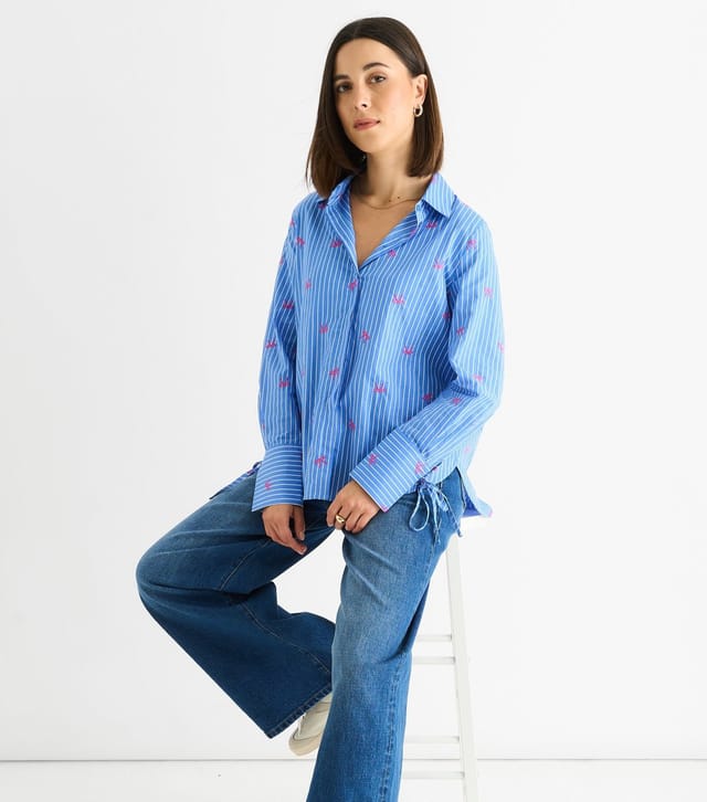 Gini London Women's Blue Striped Bow Embroidered Shirt Gini London New Look - 3
