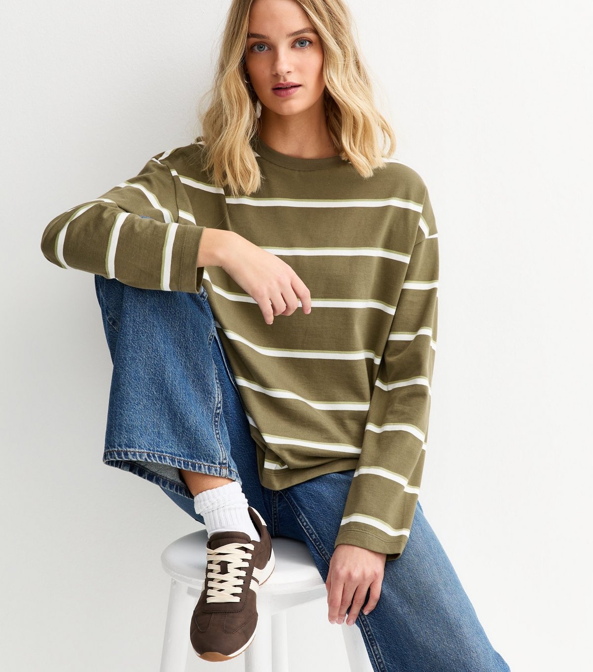 New Look Women's Green Striped Long Sleeve Top New Look - 1