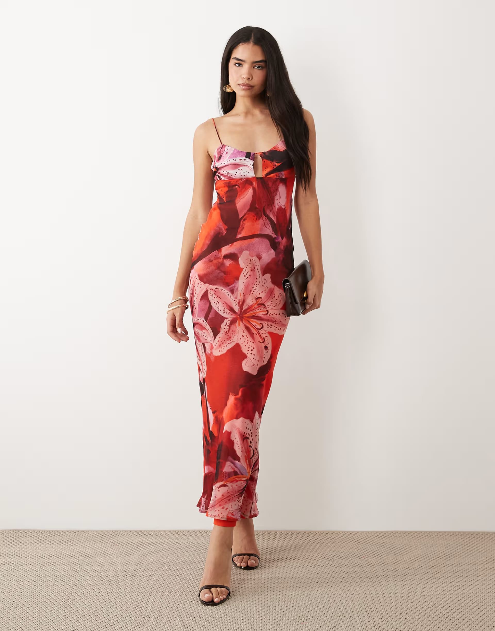 ASOS ASOS DESIGN satin bust bias cut maxi dress in red floral print