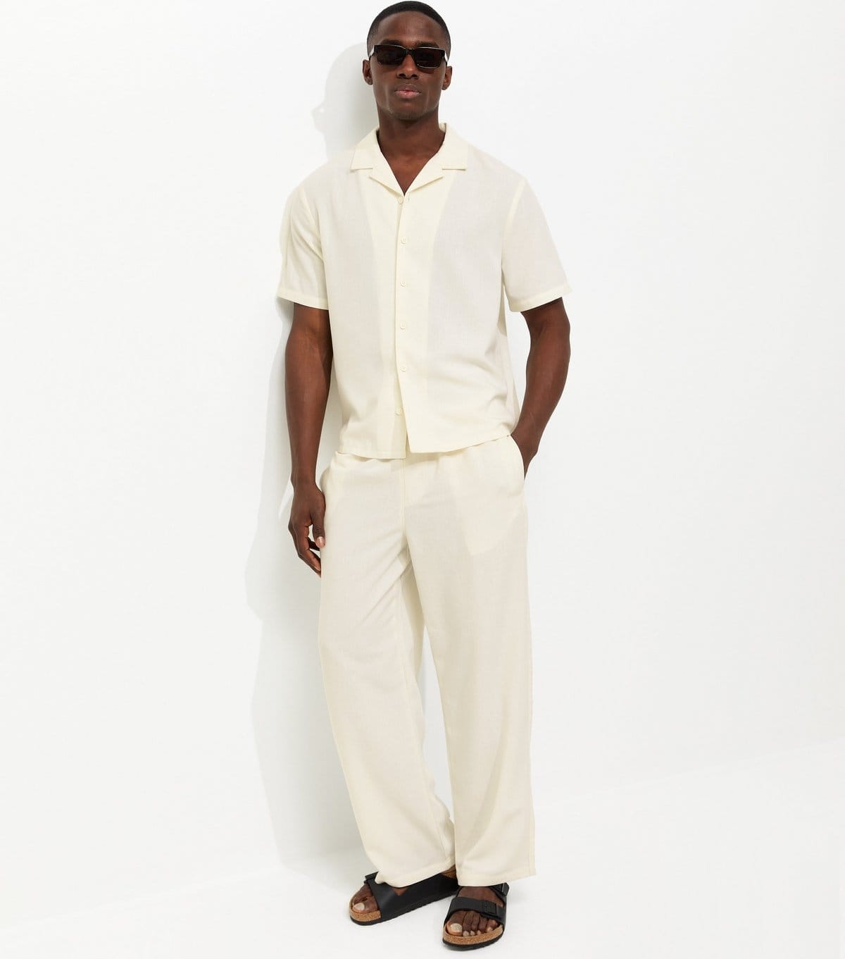 New Look Men's Off White Linen-Look Wide Leg Trousers