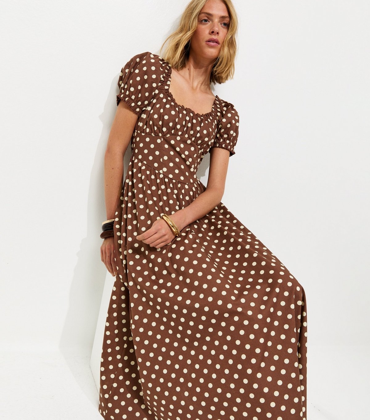 New Look Women's Brown Cotton Polka Dot Ruched Midi Dress New Look - 3