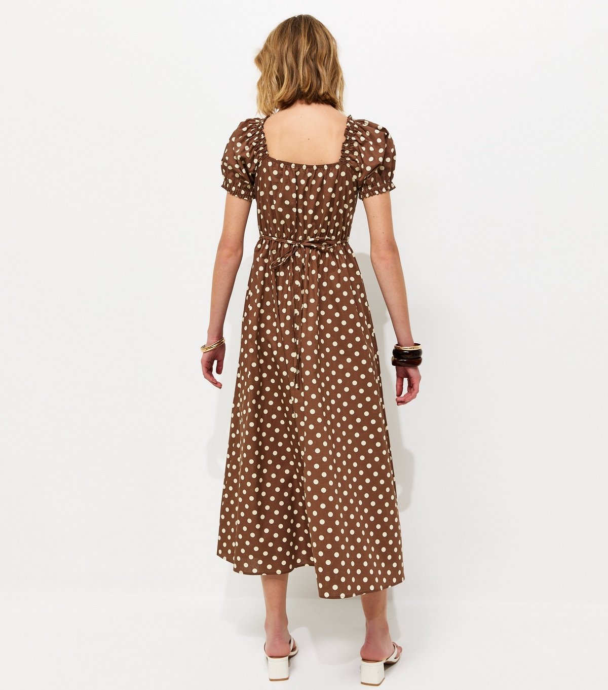 New Look Women's Brown Cotton Polka Dot Ruched Midi Dress New Look - 4