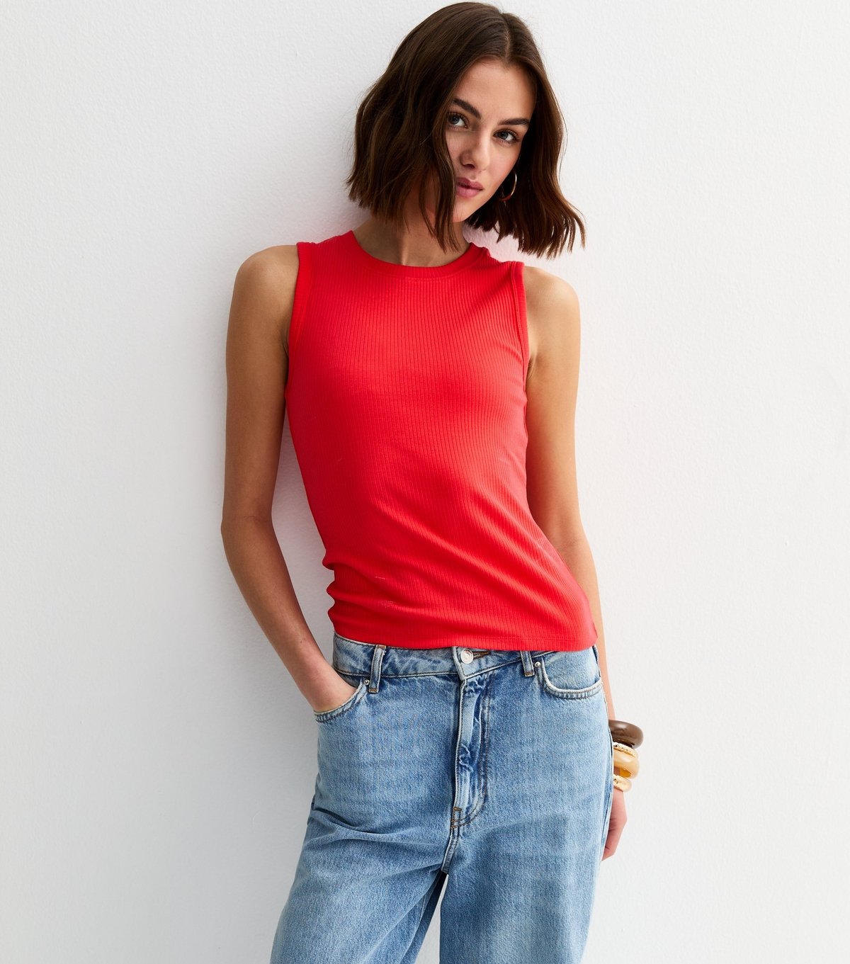 New Look Women's Bright Red Ribbed Tank Top New Look - 2