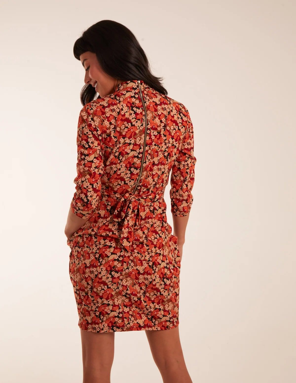 Blue Vanilla High Neck 3/4 Sleeve Dress With Belt - 4