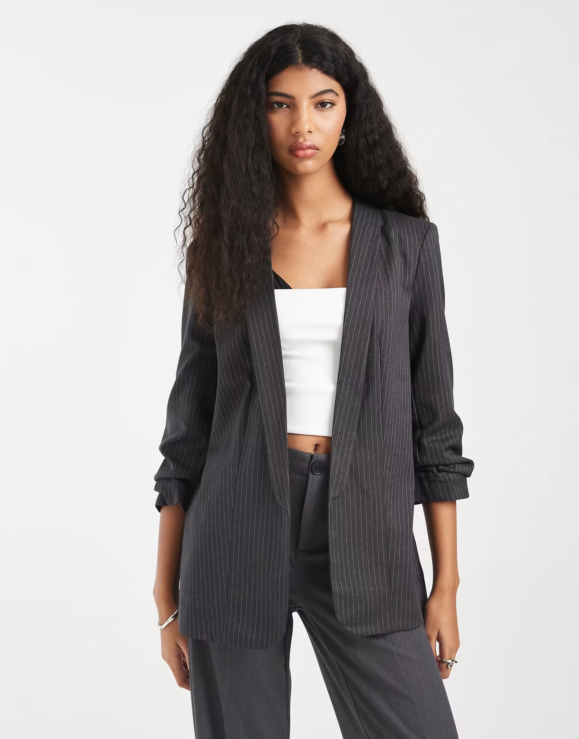 ASOS ASOS Tailored Ruched Sleeve Blazer in Grey Pinstripe